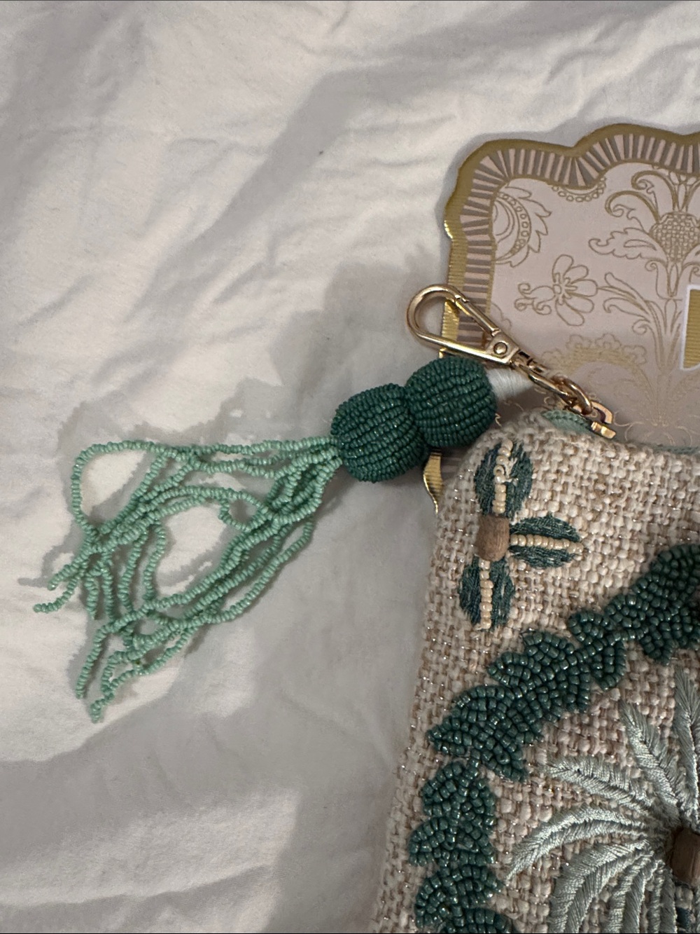 India Handmade Embroidered Beaded Pouch in Teal and Cream - Picture 4 of 10